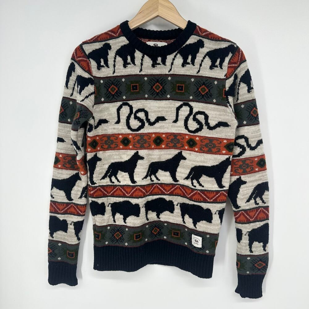 Bellfield Men's Animal Crewneck Sweater Wool Blend Fair Isle Nordic Pullover - Picture 3 of 11